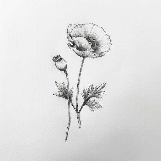 Detailed pencil drawing of a small poppy flower tattoo on bright white background