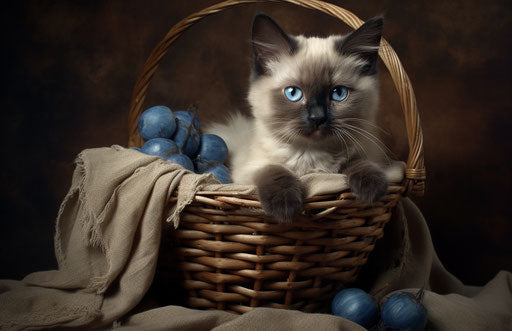 kitten in a basket, bold contrast and textural play