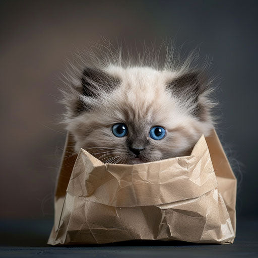 Himalayan kitten playing peek-a-boo from a paper bag