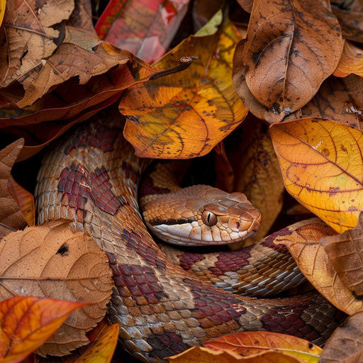 Copperhead snake hidden among autumn leaves