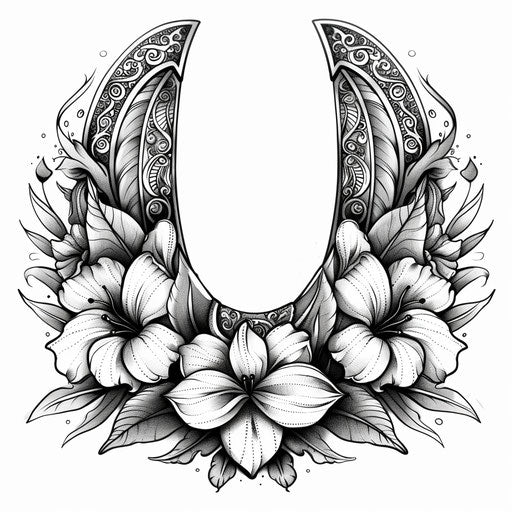 Tattoo sketch of horseshoe with delicate lace details in flat clipart style