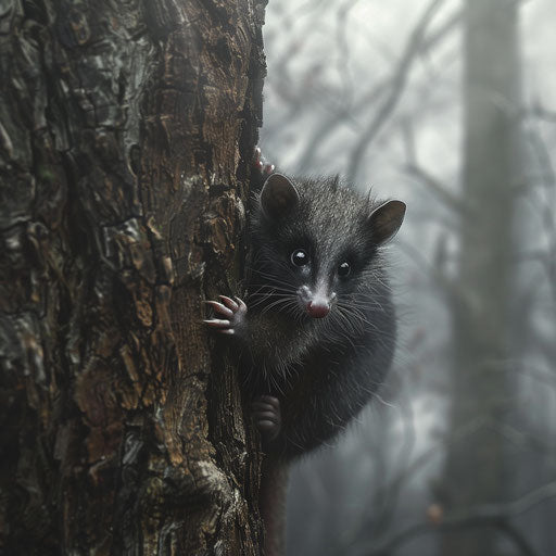 Possum clinging to a tree trunk with a misty background