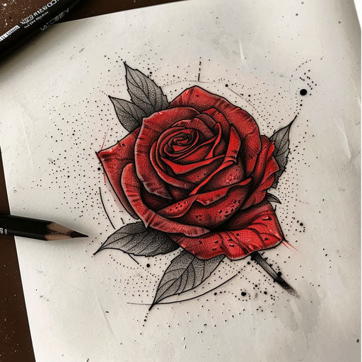 Sketch of a retro-style tattoo of a red rose with dotwork