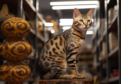 Bengal cat sitting on shelves and looking up