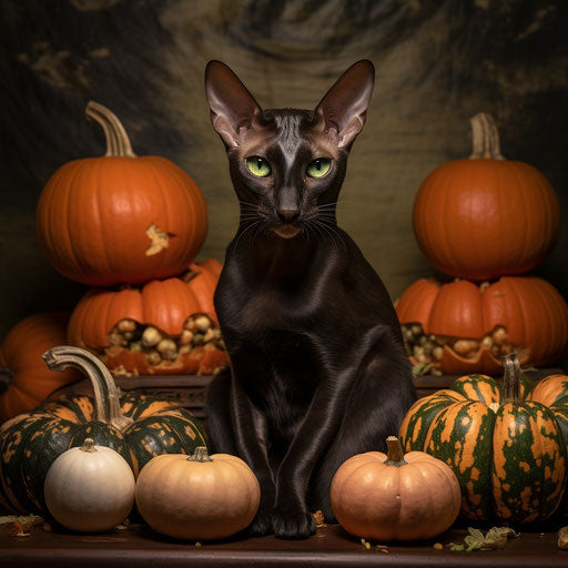 Oriental shorthair cat resting with pumpkins