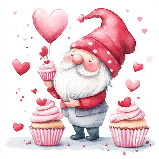 Valentine's Day gnome making cupcakes and hearts