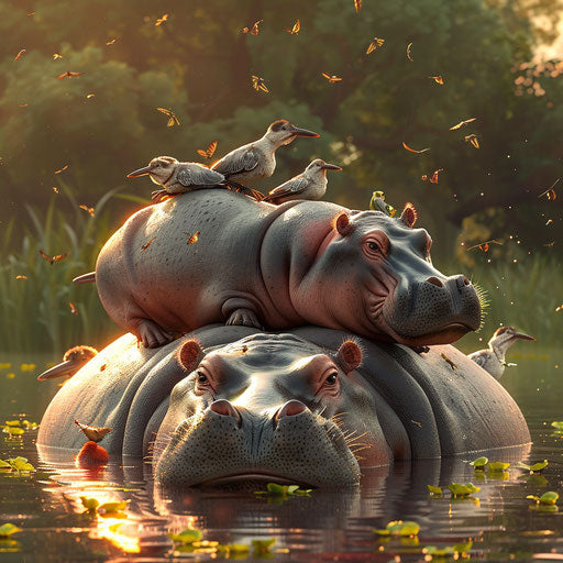 Herd of hippos with birds on their backs, nature's symbiosis
