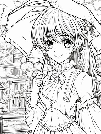 Anime girl in yellow dress coloring page, comic art style