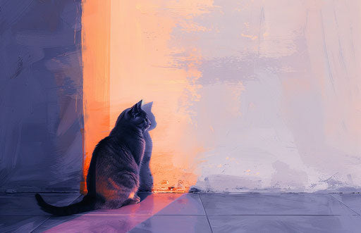 Gray cat sitting on floor next door, light purple and light orange style