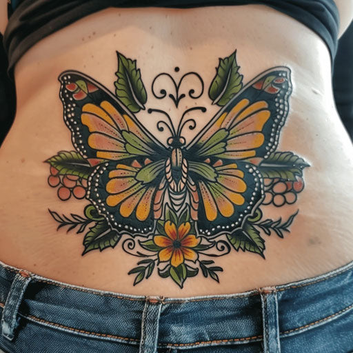 Butterfly lower back tattoo, Maria Sibylla Merian style