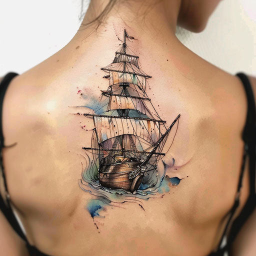 Delicate watercolor tattoo sketch of a ship with translucent sails and a soft horizon