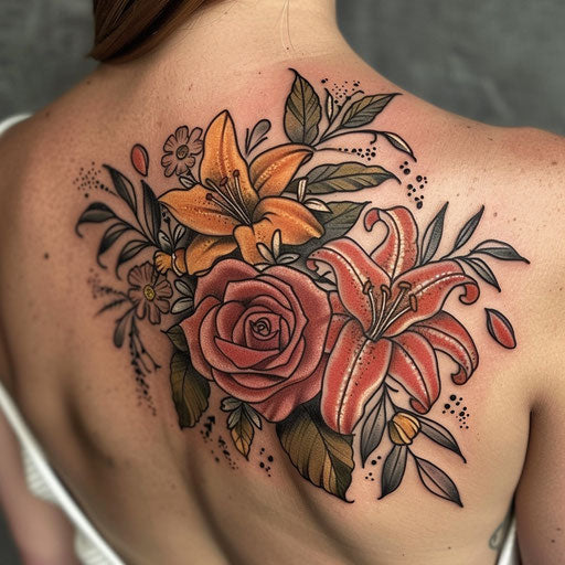 Realistic floral tattoo with roses and lilies