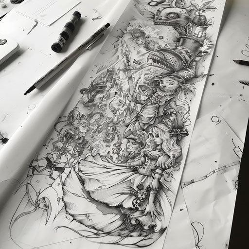 Alice in Wonderland sleeve tattoo layout on white drafting table