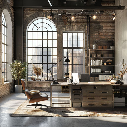 Home office in loft with modern industrial design