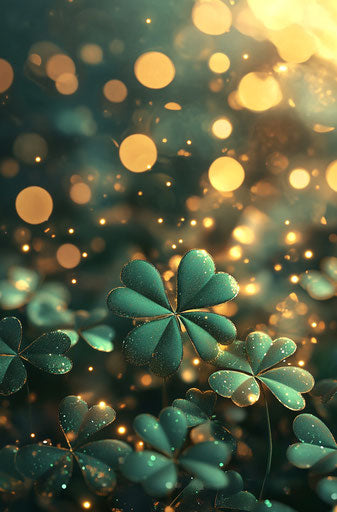 3D green shamrocks with glitter, golden lights in background, digital art