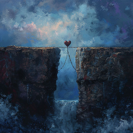 Heart-shaped lock bridging chasm of love