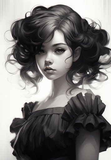 A girl in a dress, black and white, beautiful