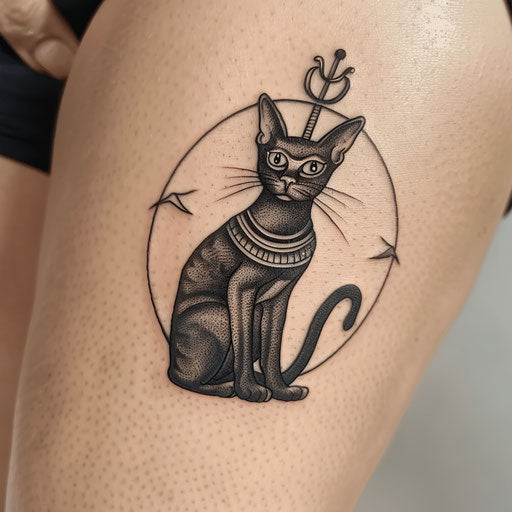 Egyptian-themed black cat tattoo on white background