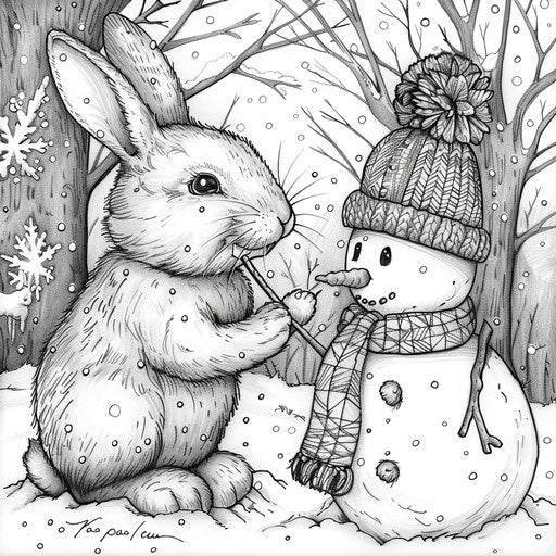 A rabbit builds a snowman in a winter landscape