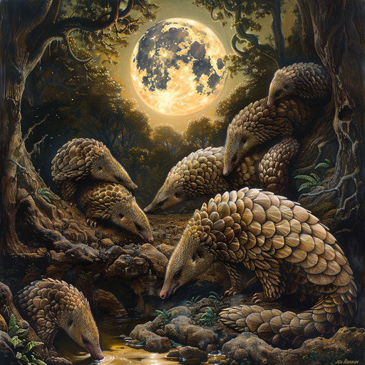 Pangolins gathered at a waterhole under the full moon