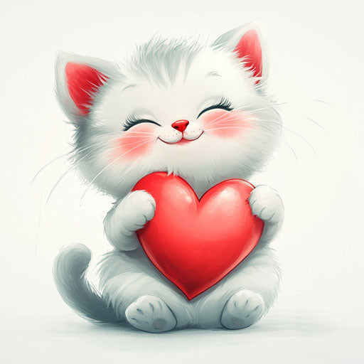 Smiling kitten holding a red heart, colorful clipart style