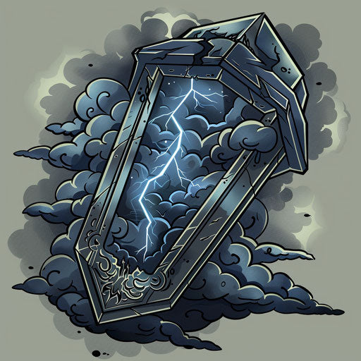 Dramatic sketch of a coffin with dark clouds and lightning
