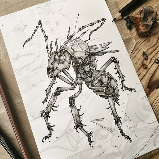 Flat tattoo sketch of an ant in a battle pose with warrior armor