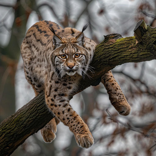 Lynx leaping between tree branches