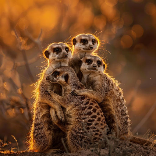 Family of meerkats huddled together in warm sunset hues
