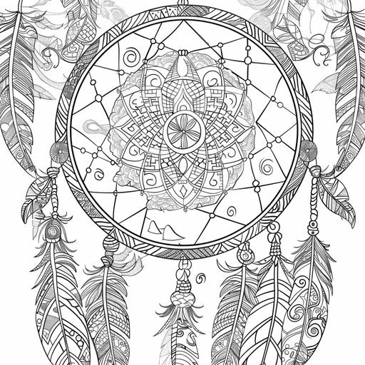 Dream catcher with intricate zentangle-style designs and feathers. Coloring book page