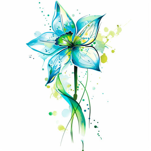 Abstract tattoo sketch of a daffodil with blue and green splashes