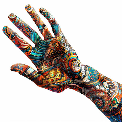 Realistic hand clipart on white background with colorful patterns