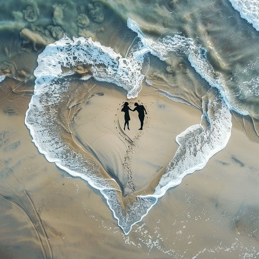 Couple's silhouette in a heart drawn in the sand