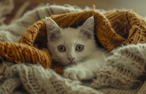 White cat under a blanket, smilecore style, intense energy