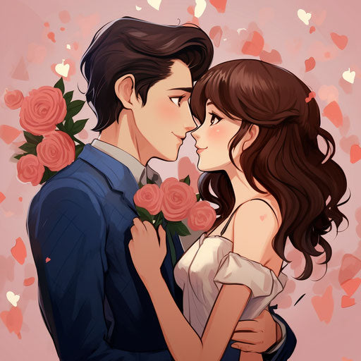 Cartoon image of a romantic couple, oshare kei style, charming frivolity