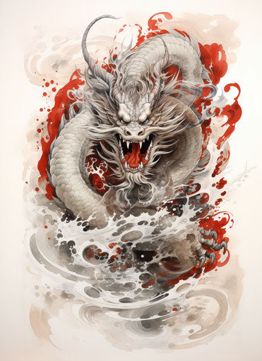Japanese dragon tattoo, silkscreen style, light gray and maroon
