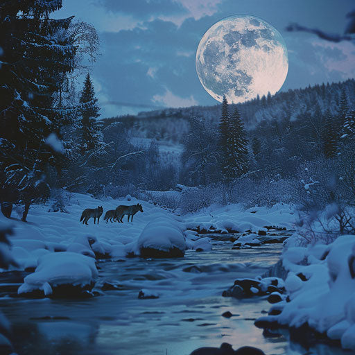 Howling wolves under the full moon in a snowy landscape