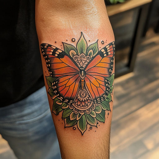 Butterfly tattoo on arm with mandala elements, Maria Sibylla Merian style
