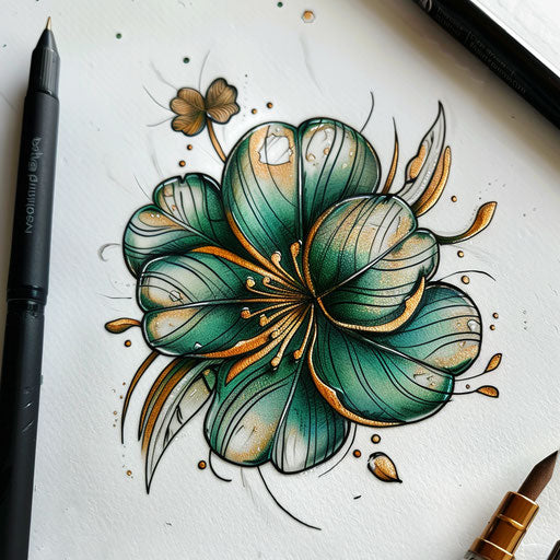 Lush tattoo sketch of a clover in rich emerald tones with golden highlights