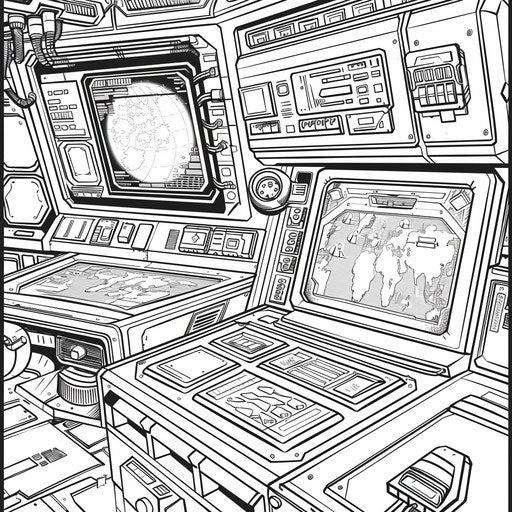 Detailed view of futuristic computer with holographic screens