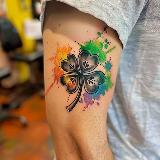 Minimalist tattoo sketch: black clover on vibrant colorful watercolor splash background