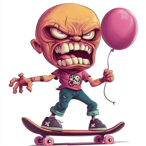 Humorous caricature of a skateboard clipart with human characteristics, exaggerated frowning mouth, short legs, holding a balloon, vibrant colors, cartoon style, angry