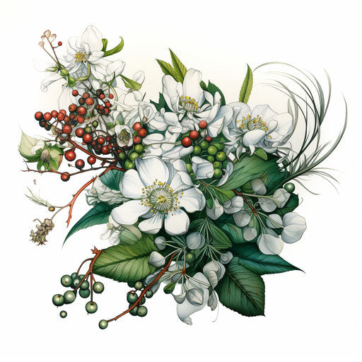 Flowers and berries in aurorapunk style, white and dark green