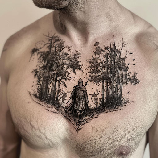 Epic collarbone tattoo in the style of Adrian Smith