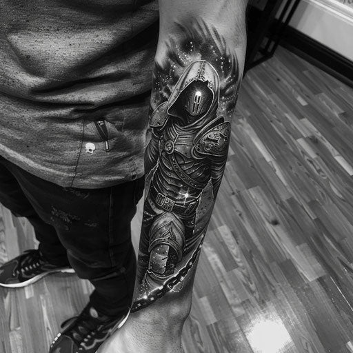Forearm tattoo for men with a cosmic warrior