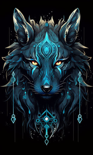 Black wolf tattoo design, ancient Egypt style, colorful caricature