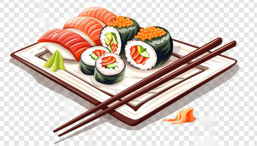 Plate of sushi and sashimi with chopsticks