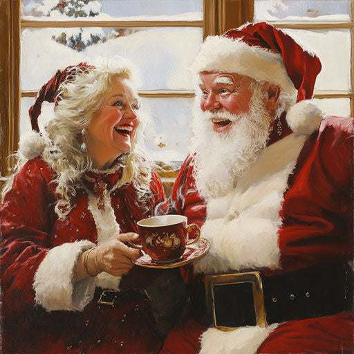 Mrs. Claus and Santa share a laugh over a cup of tea
