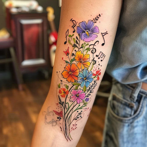Wildflower tattoo with musical notes, vibrant colors, flowing design, harmonious