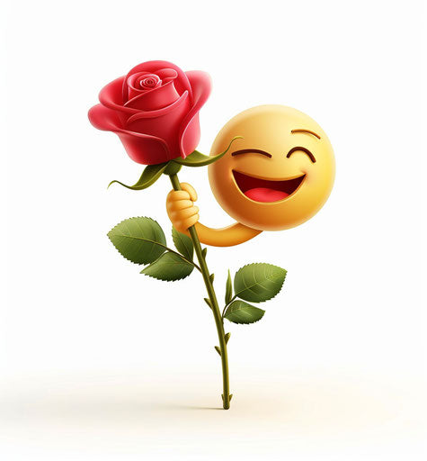 Vector emoji with smiley face holding rose flower on white